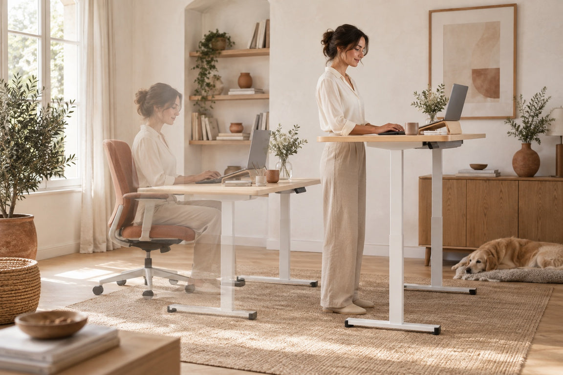 La même femme représentée assise puis debout dans un bureau lumineux aux teintes crème et terre cuite
