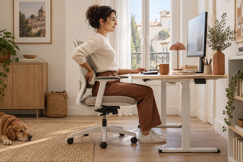 Une femme ajuste le soutien de son siège, de profil devant un écran sur son bureau