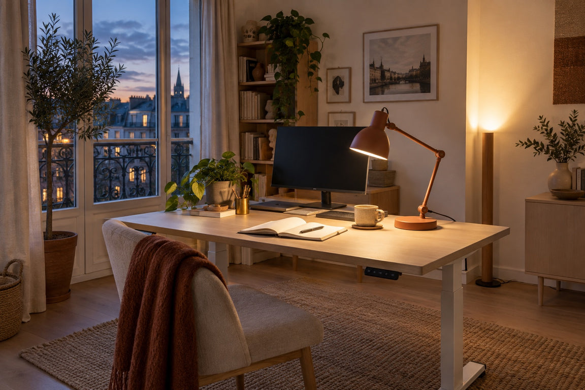Bureau au crépuscule éclairé par une fenêtre, une lampe de travail terre cuite et une lumière indirecte au mur