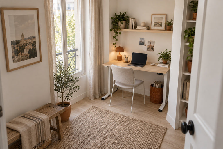 Un petit bureau en bois clair installé dans une niche près de la fenêtre, avec une chaise et des rangements peu profonds