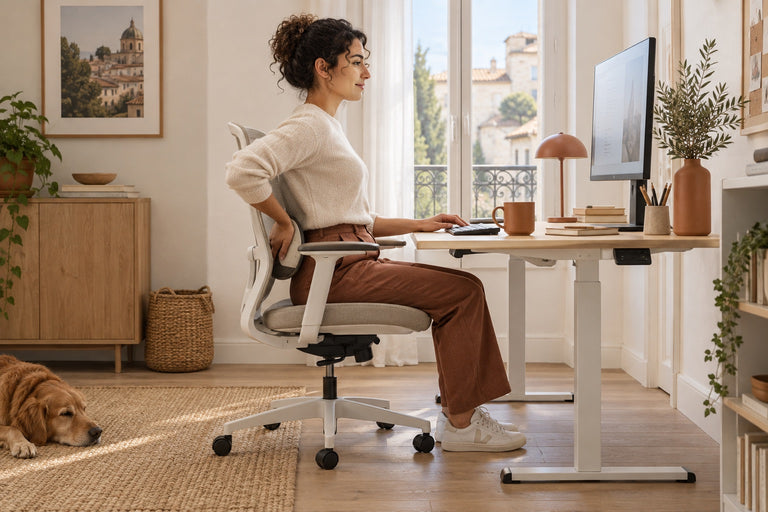 Une femme ajuste le soutien de son siège, de profil devant un écran sur son bureau