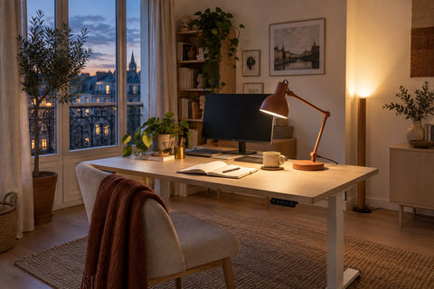 Bureau au crépuscule éclairé par une fenêtre, une lampe de travail terre cuite et une lumière indirecte au mur