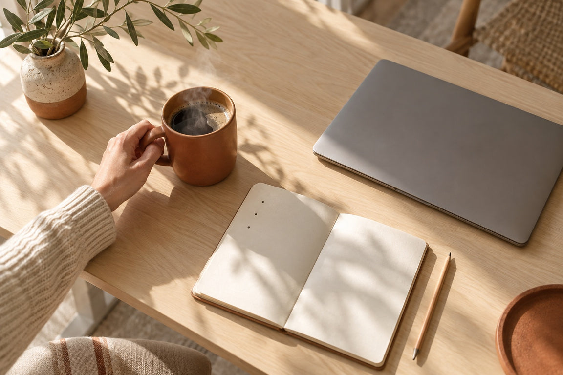 Une main pose une tasse de café près d’un carnet et d’un ordinateur fermé dans la lumière du matin