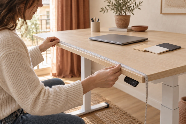 Une personne mesure un plateau de bureau à côté de trois échantillons de finitions, avec le réglage électrique visible