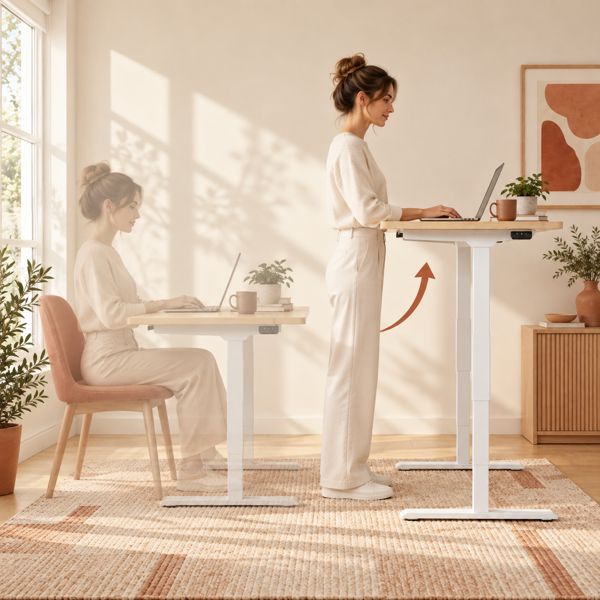 Une femme alterne entre les positions assise et debout à un bureau réglable Nevades