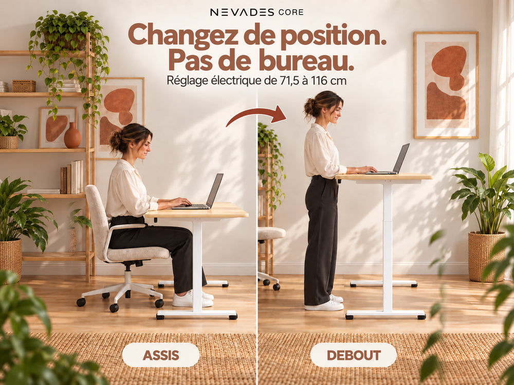 Nevades Core Standard – Changez de position. Pas de bureau. (plateau érable, piètement blanc)