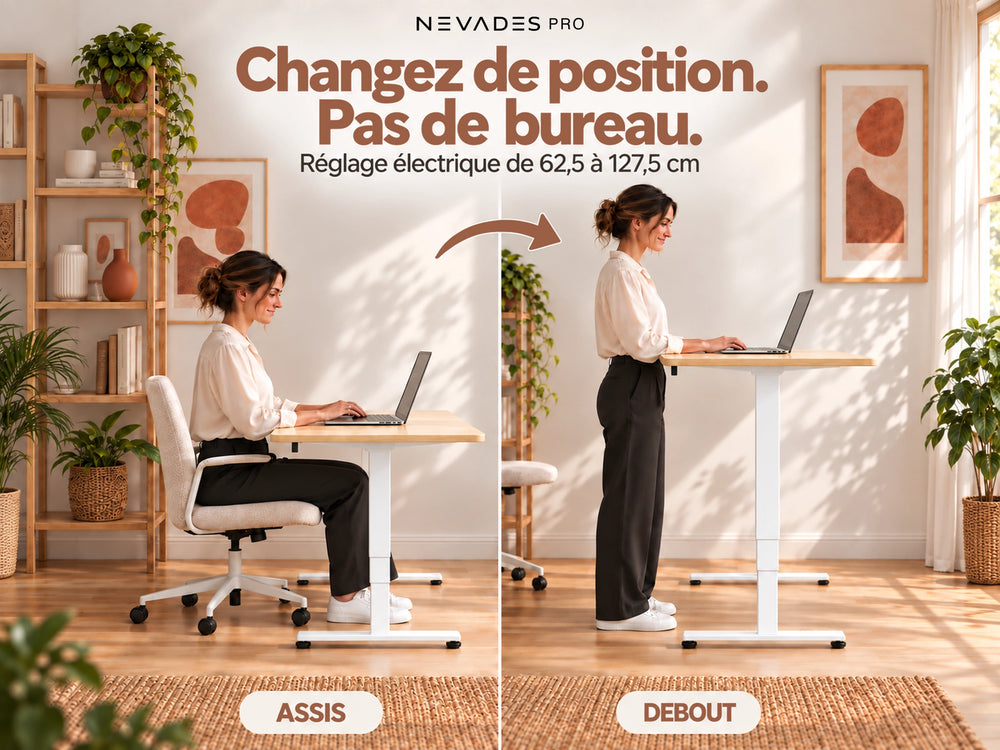 Nevades Pro Performance – Changez de position. Pas de bureau. (plateau érable, piètement blanc)