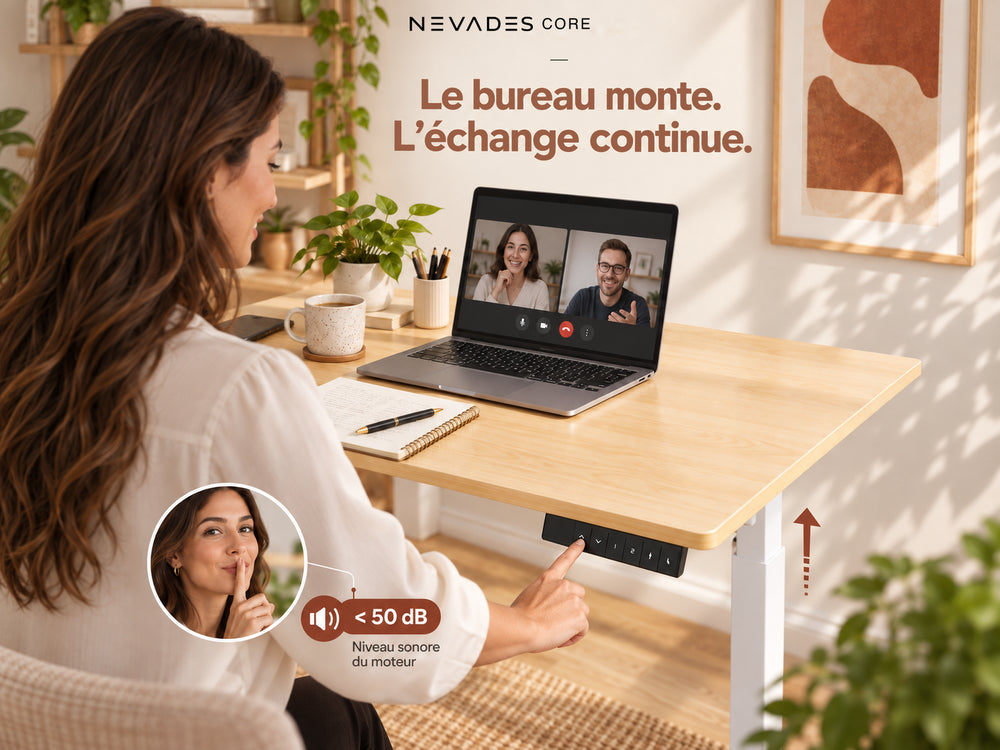 Nevades Core Standard – Le bureau monte. L’échange continue. (plateau érable, piètement blanc)
