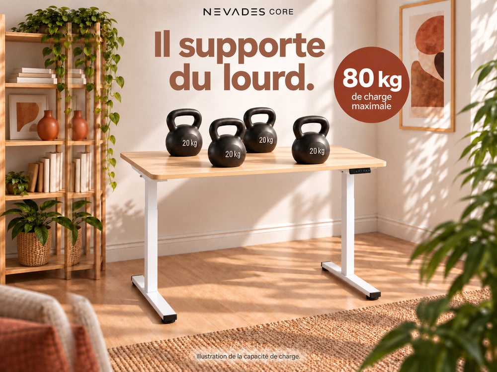 Nevades Core Standard – Il supporte du lourd. (plateau érable, piètement blanc)