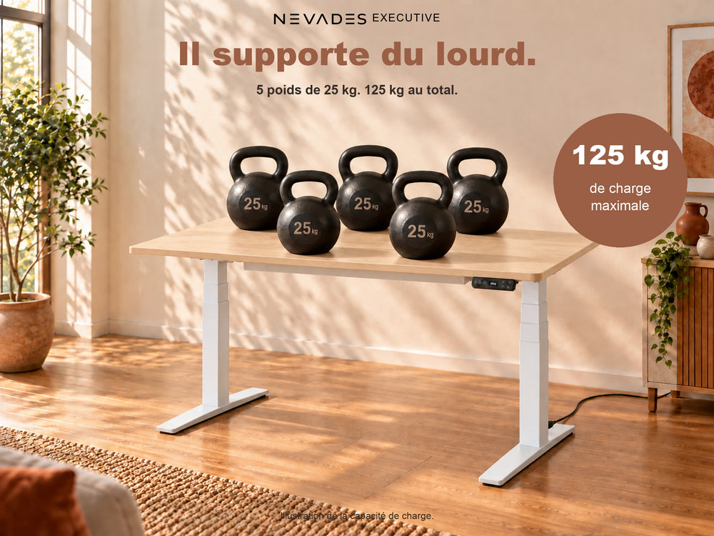 Nevades Executive Intégrale – Capacité de charge 125 kg (plateau érable, piètement blanc)