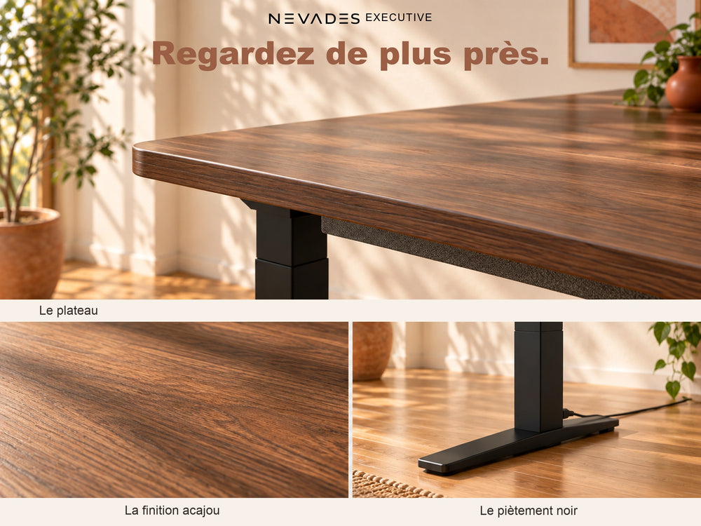Nevades Executive Intégrale – Détails et finitions (plateau acajou, piètement noir)