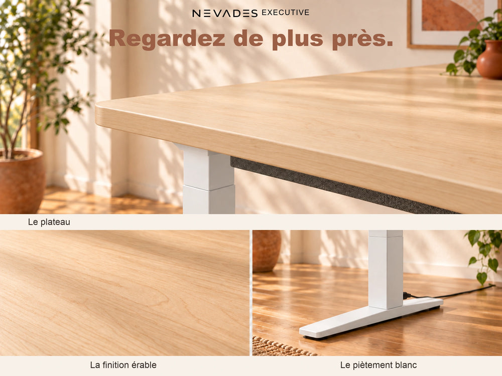 Nevades Executive Intégrale – Détails et finitions (plateau érable, piètement blanc)