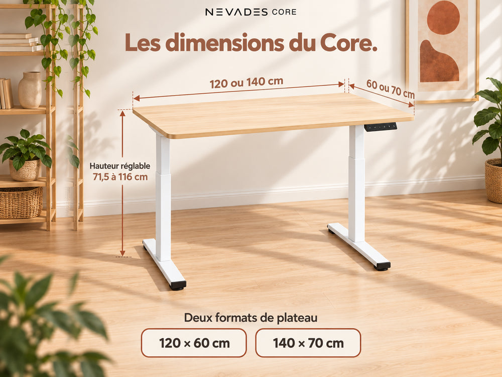 Nevades Core Standard – Les dimensions du Core. (plateau érable, piètement blanc)