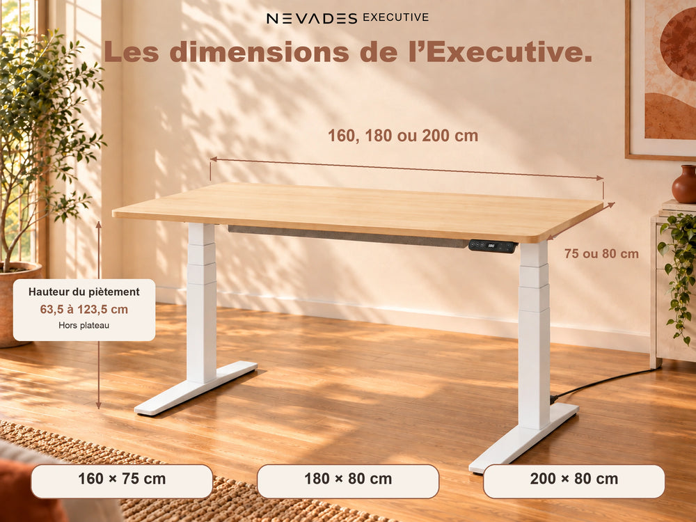 Nevades Executive Intégrale – Dimensions (plateau érable, piètement blanc)