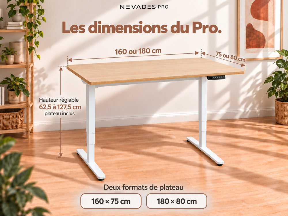 Nevades Pro Performance – Les dimensions du Pro. (plateau érable, piètement blanc)