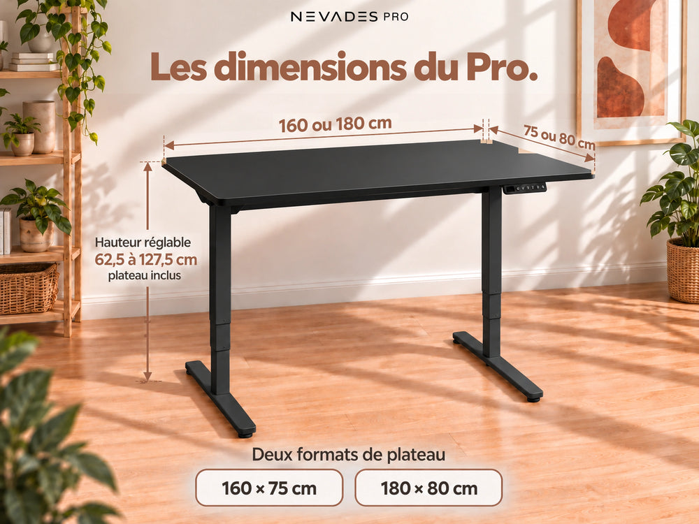 Nevades Pro Performance – Les dimensions du Pro. (plateau noir, piètement noir)