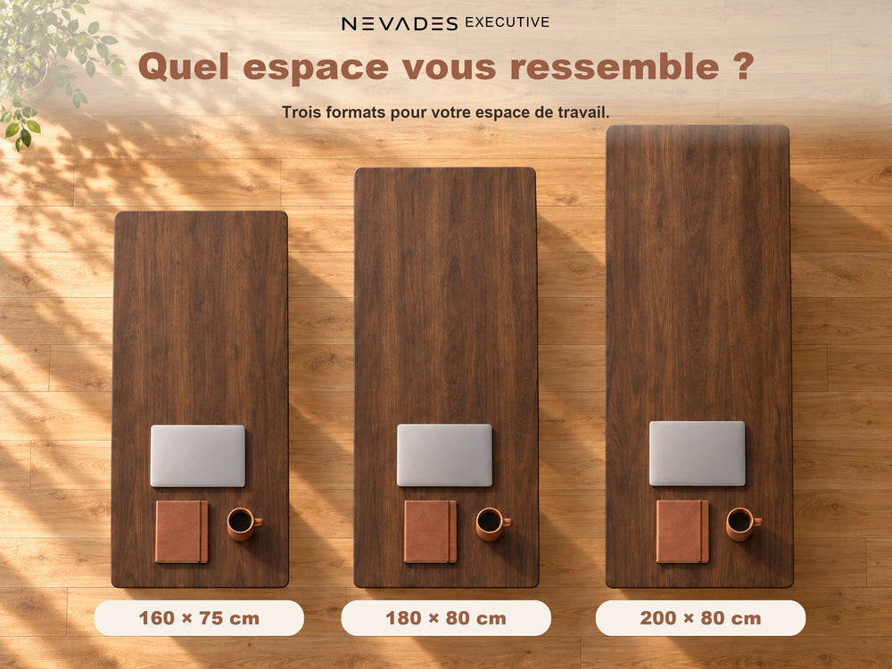 Nevades Executive Intégrale – Comparaison des tailles (plateau acajou, piètement noir)