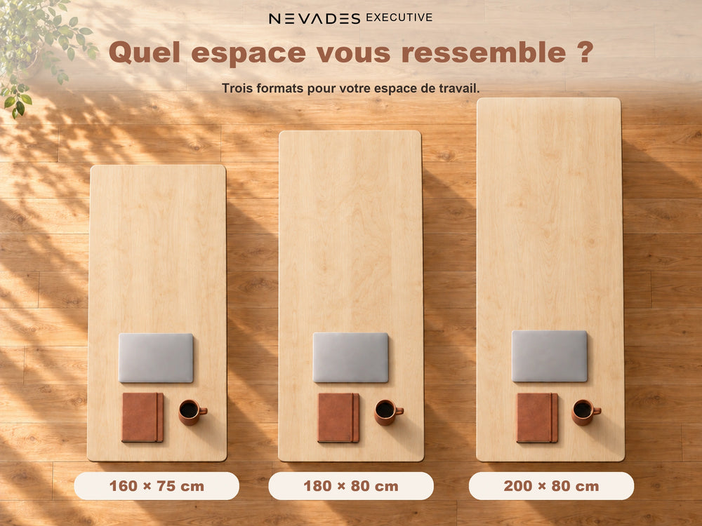 Nevades Executive Intégrale – Comparaison des tailles (plateau érable, piètement blanc)