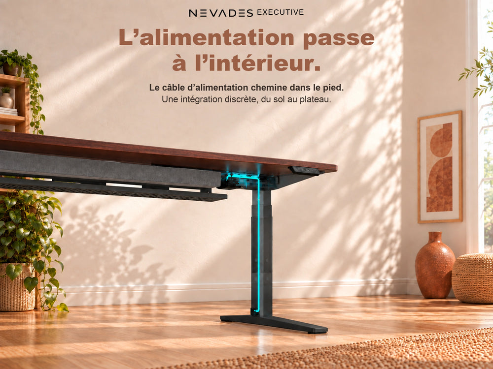 Nevades Executive Intégrale – Alimentation intégrée dans le pied (plateau acajou, piètement noir)