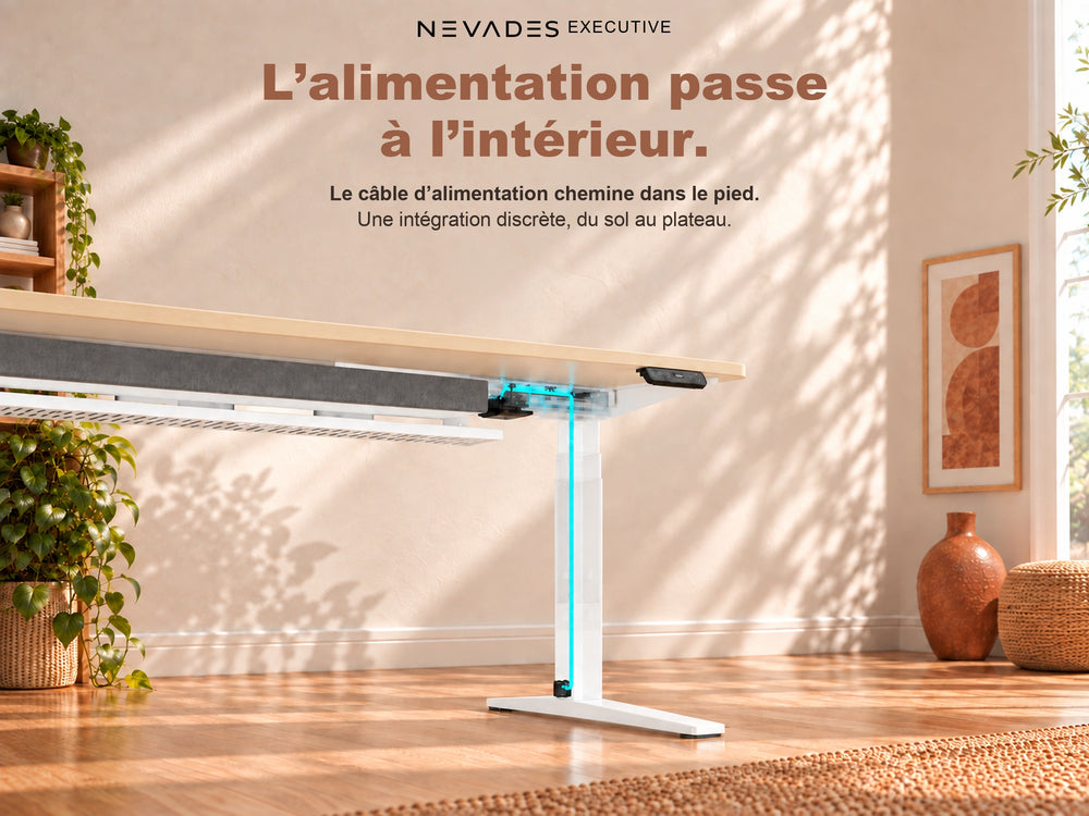 Nevades Executive Intégrale – Alimentation intégrée dans le pied (plateau érable, piètement blanc)