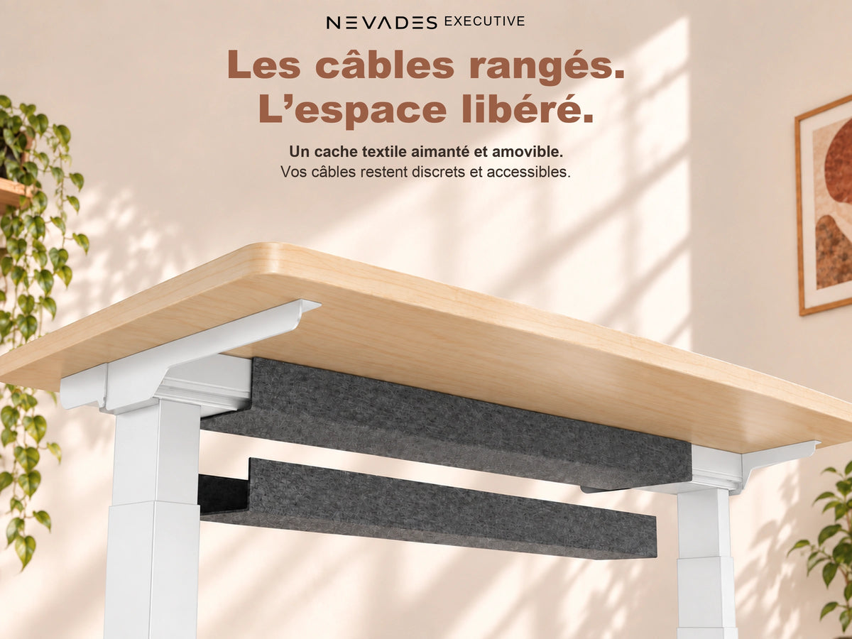 Nevades Executive Intégrale – Cache-câbles magnétique (plateau érable, piètement blanc)